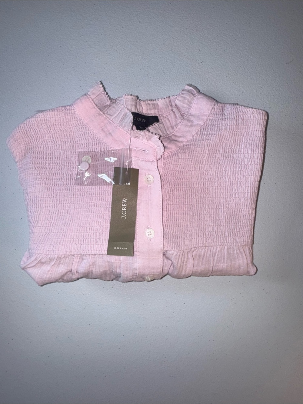 J.Crew NWT Pink Smocked Ruffle Neck Cotton Blouse XS Long Sleeve Boho Top - Picture 2 of 12